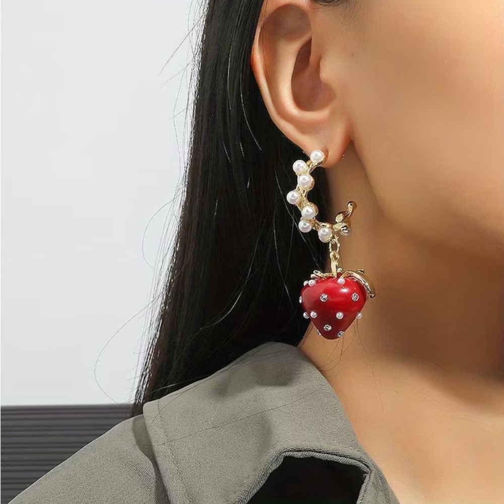 Chic Red Strawberry and Pearl Earrings
